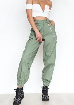 Army Green Chains Pockets Drawstring Zipper High Waisted Going Out Casual Long Pants