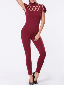 High Neck Hollow Out Plain Slim-Leg Jumpsuit