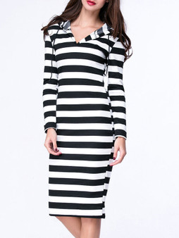 Casual Black White Hooded Striped Plus Size Bodycon Dress