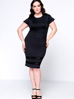 Chic Crew Neck Patchwork Hollow Out Plain Plus Size Bodycon Dress