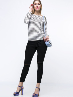 Casual Boat Neck Striped Plus Size T-Shirt With Long Sleefe