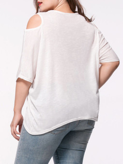 Casual Loose Open Shoulder Solid Plus Size T-Shirt In White