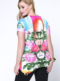 Casual Colorful Floral Round Neck Asymmetric Hem Plus Size T-Shirt