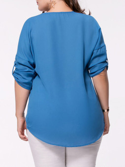 Casual High-Low V-Neck Zips Plain Roll-Up Sleeve Plus Size Blouse