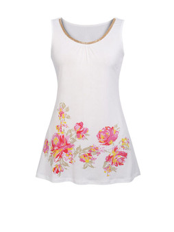 Casual Beading Floral Printed Round Neck Sleeveless Plus Size T-Shirt