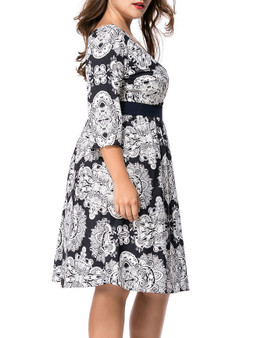 Casual Empire Deep V-Neck Printed Plus Size Flared Dress