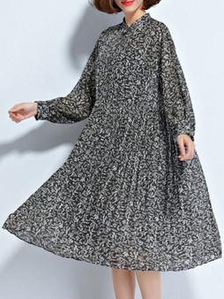 Casual Band Collar Printed Chiffon Plus Size Flared Dress