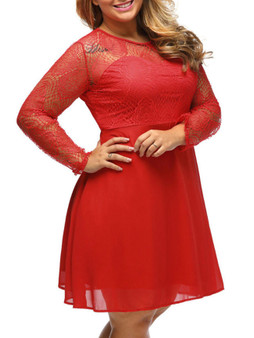 Casual Courtly Solid Patchwork See-Through Plus Size Flared Dress