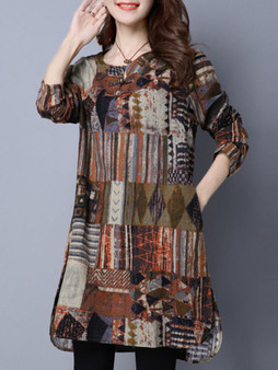 Casual Round Neck Pocket Abstract Print High-Low Plus Size Shift Dress