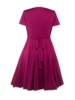 Casual Basic Surplice Bowknot Plain Plus Size Flared Dress