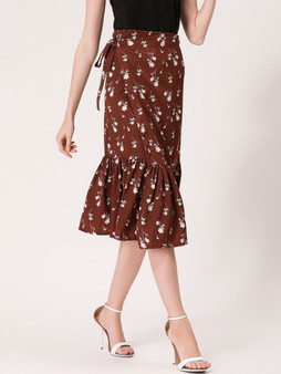 Casual Ruffled Hem Tiny Floral Printed Mermaid Midi Skirts=