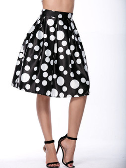 Casual Elastic Waist Inverted Pleat Polka Dot Flared Midi Skirt