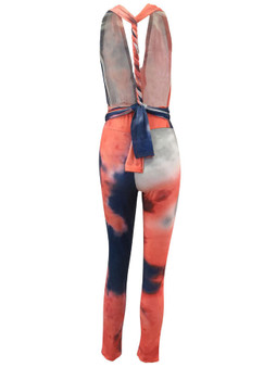 Casual Deep V-Neck Tie/Dye Slim-Leg Jumpsuit