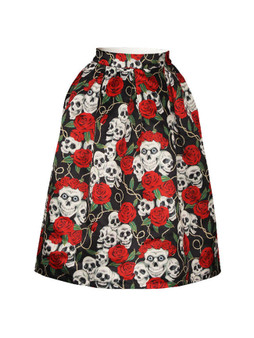 Casual Skull Floral Printed Flared Midi Skirt
