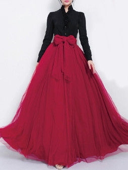 Casual Bowknot Pocket Removable Tie Plain Flared Maxi Skirt