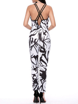 Casual X-Back Deep V-Neck Abstract Print Slim-Leg Jumpsuit