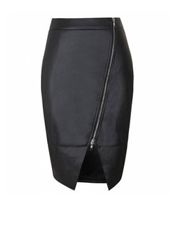 Casual Slit Zips Solid Pencil Midi Skirt With Asymmetric Hem