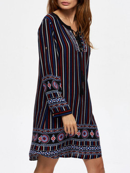 Casual Split Neck Printed Vertical Striped Roll-Up Sleeve Shift Dress
