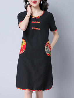 Casual Contrast Printed Trim Pocket Round Neck Shift Dress