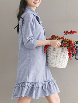 Casual Polo Collar Bowknot Ruffled Hem Pinstripe Shift Dress