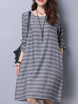 Casual Loose Round Neck Pocket Striped Shift Dress