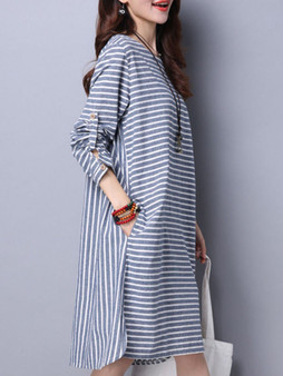 Casual Boat Neck Pocket Striped Roll-Up Sleeve Shift Dress