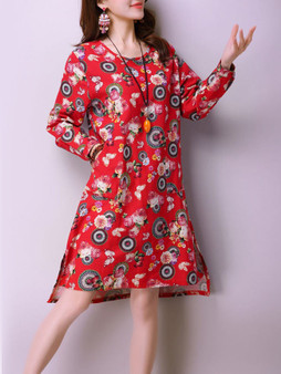 Casual Round Neck Pocket Printed Roll-Up Sleeve Shift Dress
