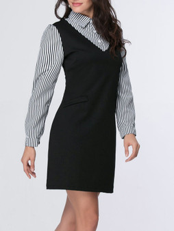 Casual Fake Two-Piece Turn Down Collar Vertical Striped Shift Dress