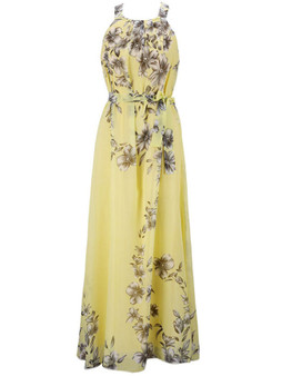 Casual Round Neck Swing Floral Printed Vacation Chiffon Maxi Dress