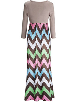 Casual Color Block Zigzag Striped Empire Round Neck Maxi Dress