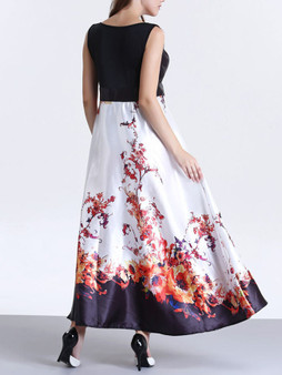 Casual Exquisite Round Neck Floral Printed Sleeveless Swing Maxi Dress