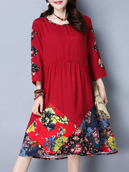 Casual Extraordinary Round Neck Printed Plus Size Flared Dress