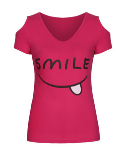 Casual Smile Printed Open Shoulder Short Sleeve T-Shirt