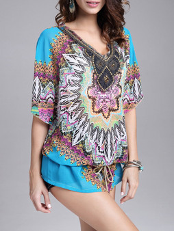 Casual Beading Ethnic Style Printed Deep V-Neck Blouse