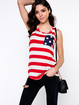 Casual Striped Sleeveless T-Shirt With Polka Dot Bowknot And Pocket