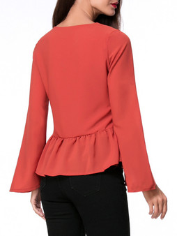 Casual V-Neck Lace-Up Ruffled Hem Bell Sleeve Blouse