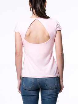 Casual Solid Back Hole Round Neck Short Sleeve T-Shirt In Pink