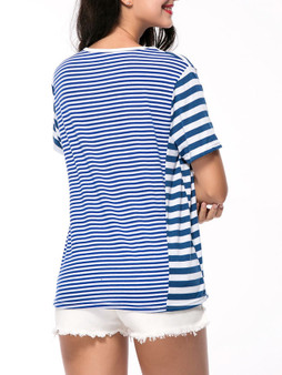 Casual Vented Striped Round Neck Short Sleeve T-Shirt