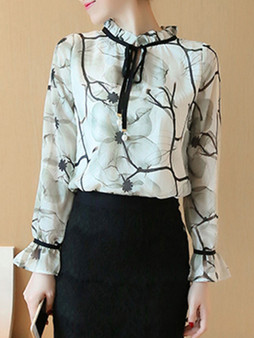 Casual Band Collar Printed Chic Blouse