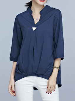 Casual Band Collar Decorative Hardware High-Low Plain Blouse