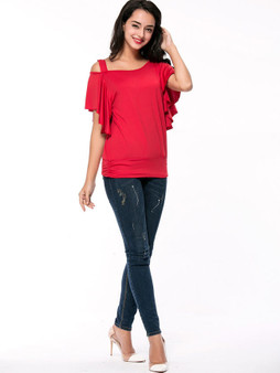 Casual Attractive Asymmetric Neck Plain Cape Sleeve T-Shirt