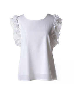 Casual Round Neck Ruffle Trim Plain Sleeveless T-Shirt