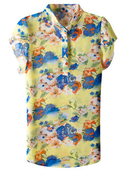 Casual Band Collar Floral Printed Petal Sleeve Blouse