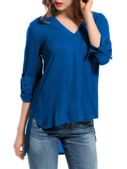 High-Low V-Neck Plain Roll-Up Sleeve Blouse