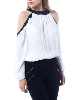 Casual Open Shoulder Loose Fitting Contrast Trim Blouse