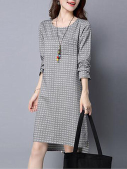 Casual Round Neck Striped Cotton/Linen High-Low Shift Dress
