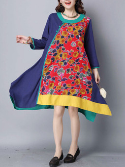 Casual Color Block Printed Round Neck Asymmetric Hem Shift Dress