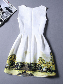 Casual Round Neck Scenery Printed Polyester Skater Dress