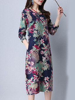 Casual Round Neck Floral Printed Loose Pocket Maxi Dress