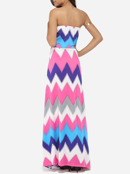Casual Tube Dacron Color Block Zigzag Striped Maxi-dress
